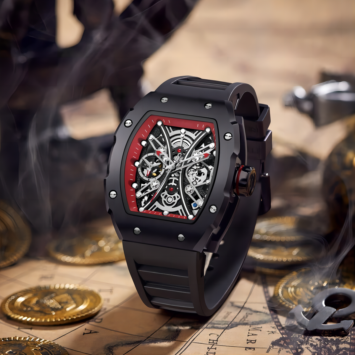 CMW-8040 Mens Skeleton Machine Automatic Viking Tomahawk-Red Watch Custom Logo