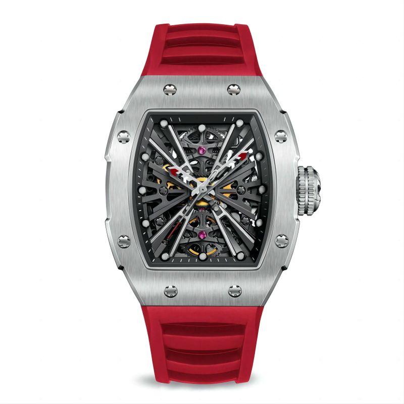 CMW-8032 Mens Skeleton Mechanical The X Series-Silvery Watch (Red Strap) Custom Logo