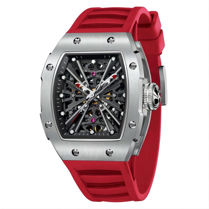 CMW-8032 Mens Skeleton Mechanical The X Series-Silvery Watch (Red Strap) Custom Logo