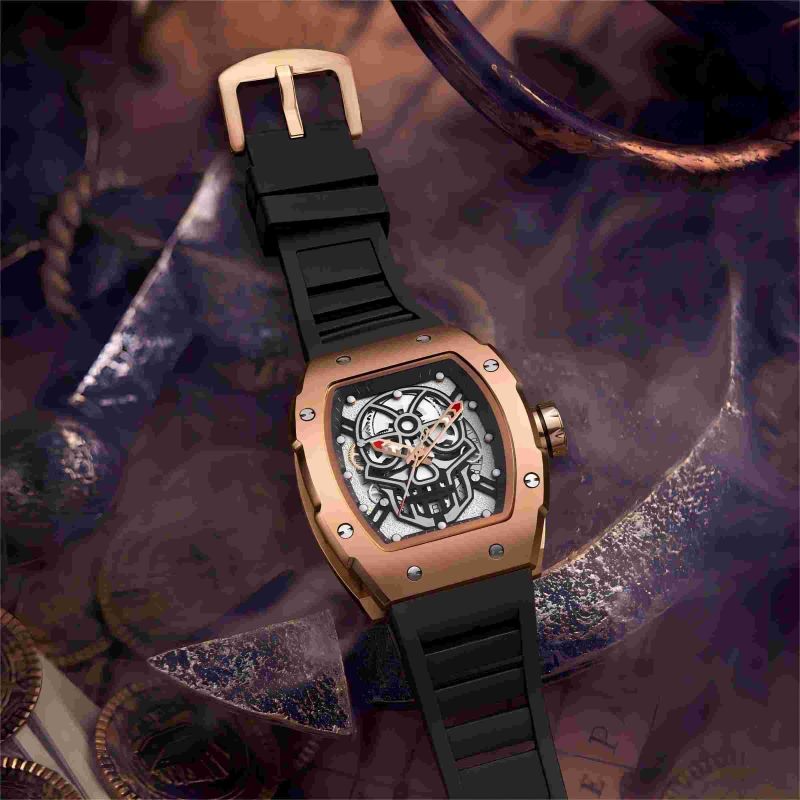 CMW-8017 Mens Skeleton Mechanical Tonneau Watch Custom Logo