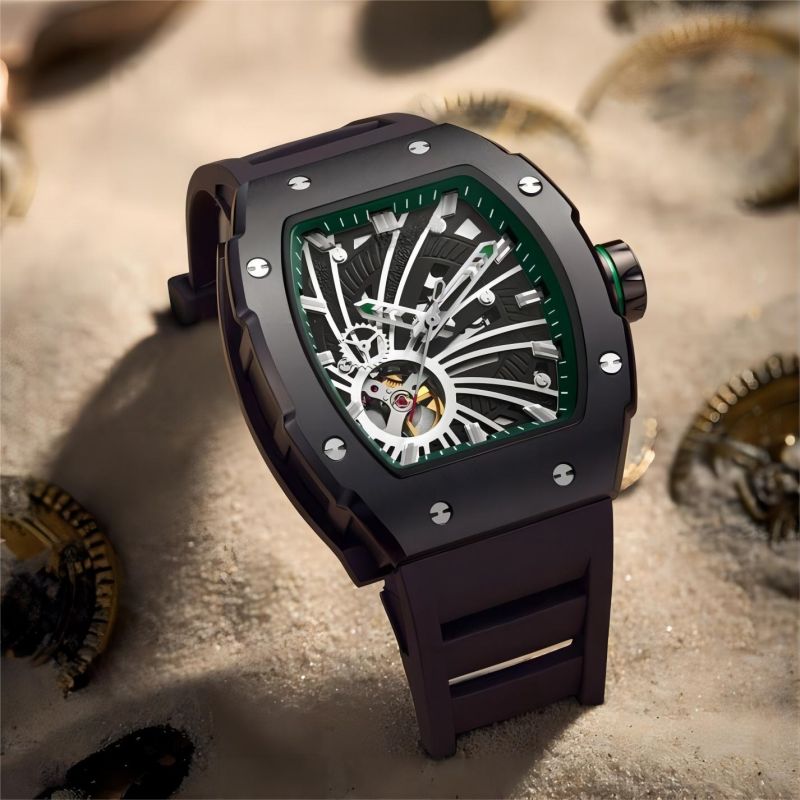 CMW-8019 Mens Skeleton Mechanical Ocean Black Hole-Green Watch Custom Logo