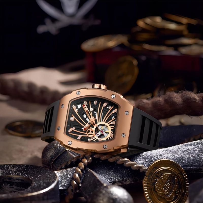 CMW-8020 Mens Skeleton Mechanical Ocean Black Hole-Rose Gold Watch Custom Logo