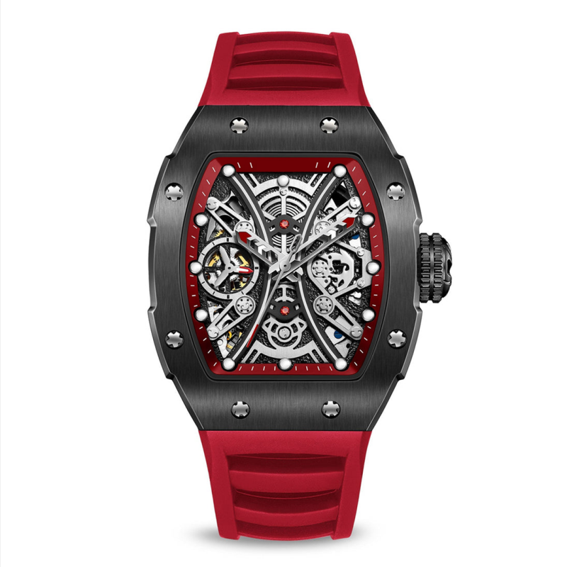 CMW-8041 Mens Skeleton Machine Automatic Viking Tomahawk-Red Watch-Red Strap Watch Custom Logo