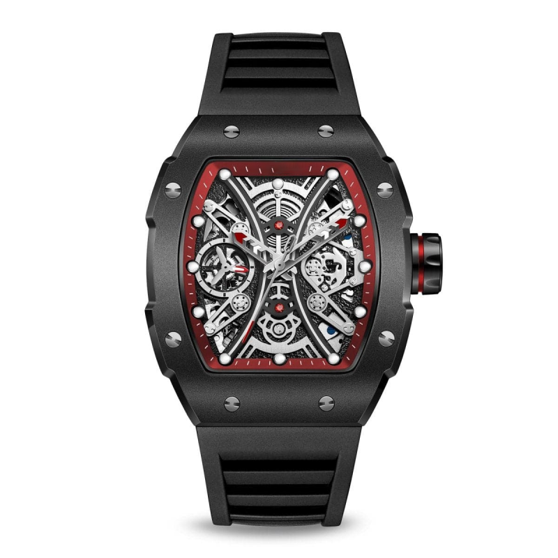 CMW-8039 Mens Skeleton Machine Automatic Black Fluorine rubber Watch Custom Logo