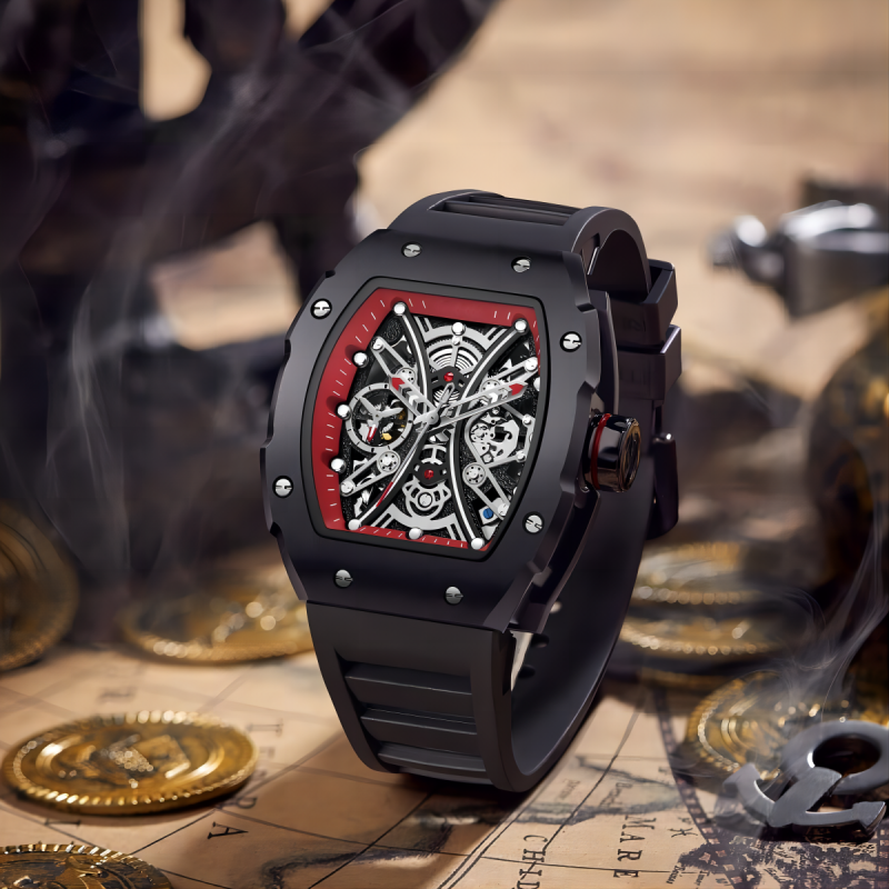 CMW-8039 Mens Skeleton Machine Automatic Black Fluorine rubber Watch Custom Logo