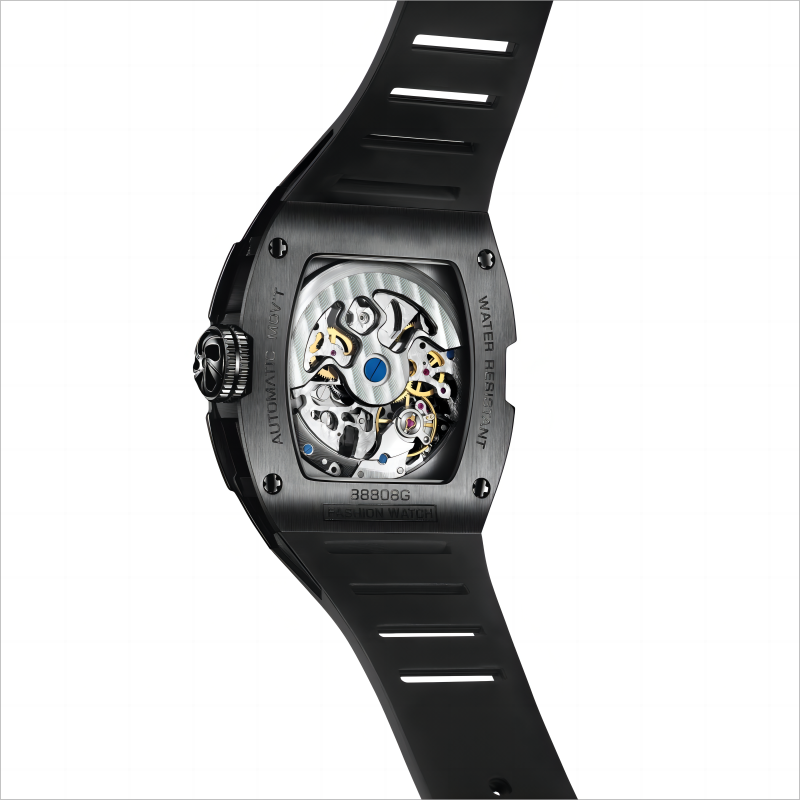 CMW-8038 Mens Skeleton Machine Automatic Black Fluorine rubber Watch Custom Logo