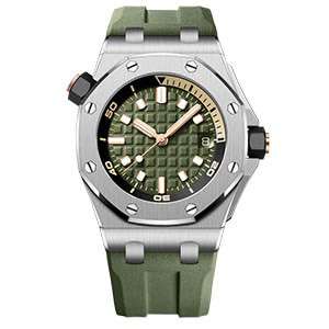 GM-1135 Sport Style Stainless Steel Case Top Quality Watch For Man Green Dial Unique Crown Rubber Band Mans Watch